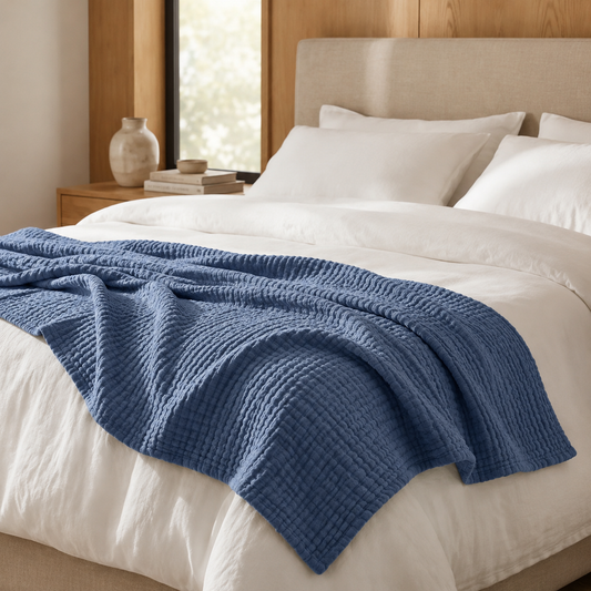 Soft blue CFAB muslin blanket draped over crisp white bedding in a modern bedroom