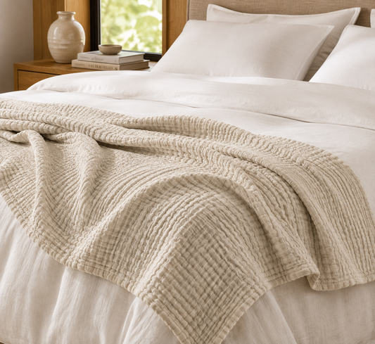 Soft beige CFAB muslin blanket draped over crisp white bedding in a modern bedroom
