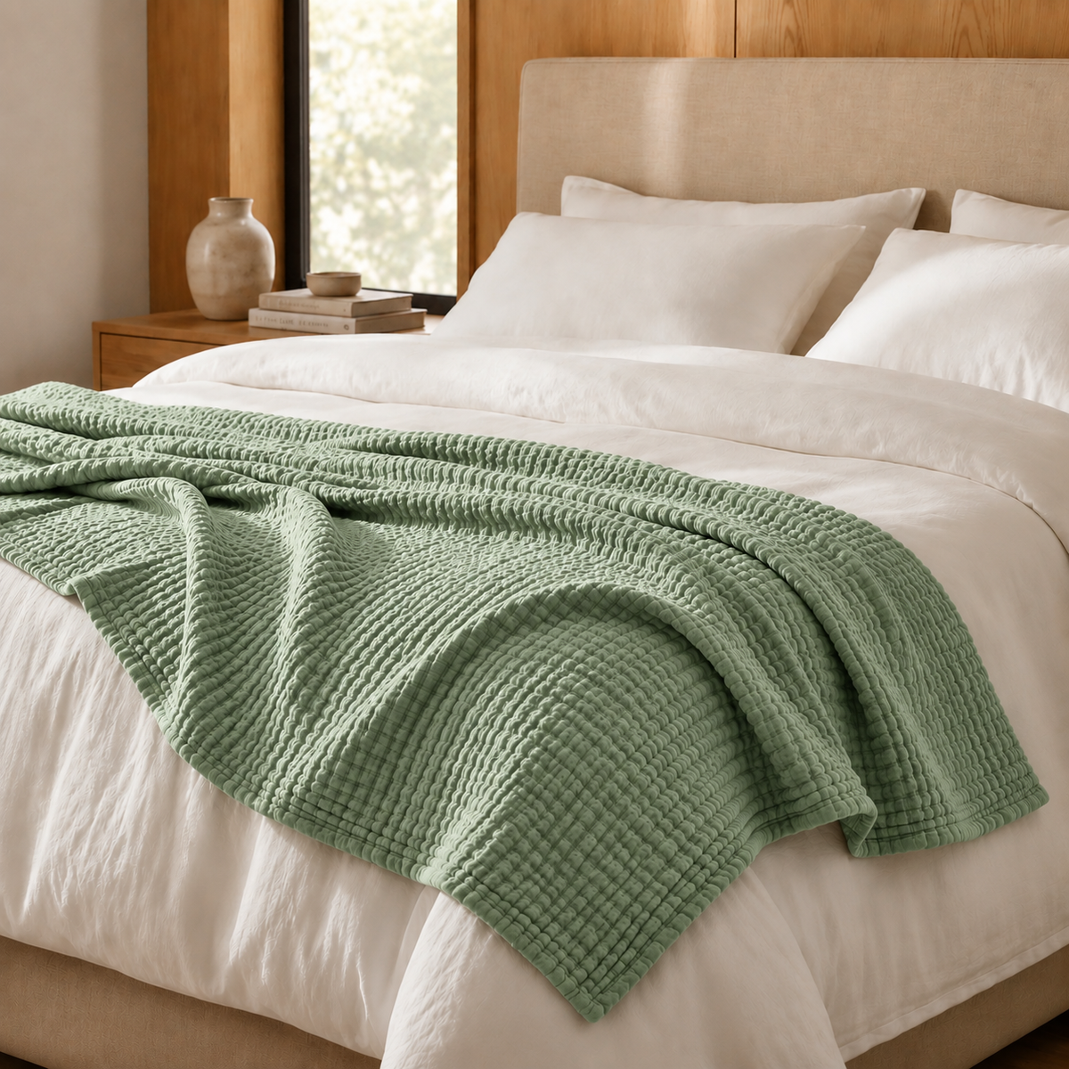 Soft green CFAB muslin blanket draped over crisp white bedding in a modern bedroom